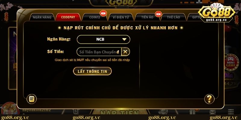 Giới thiệu 3 Giao diện nạp/ rút tiền tại thương hiệu GO88